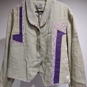 CANVASBACKS SOFT GREEN LINEN RAYON SILK JACKET BLOCK PRINT AND FLORAL90S SIZE M